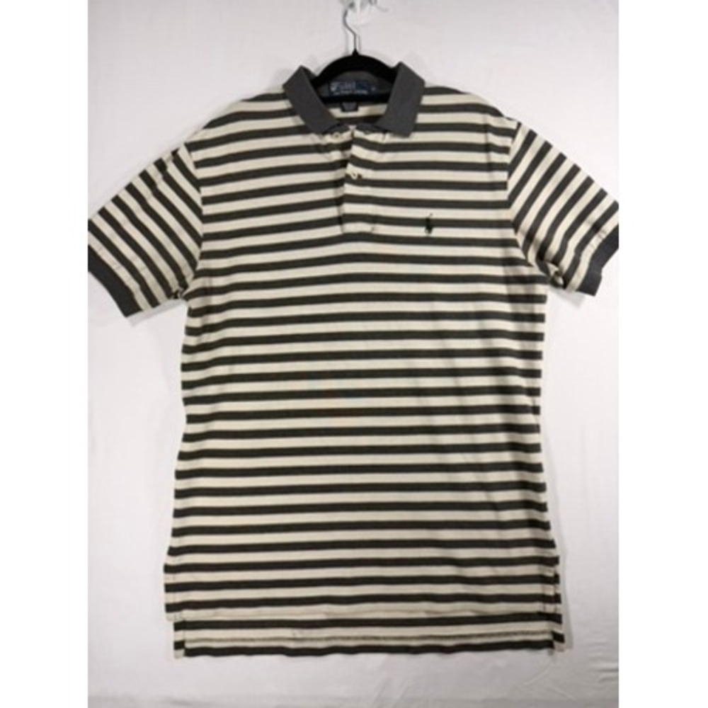 Polo Ralph Lauren Polo Shirt Mens M Grey Cream Striped Fair Cotton Pique Pony